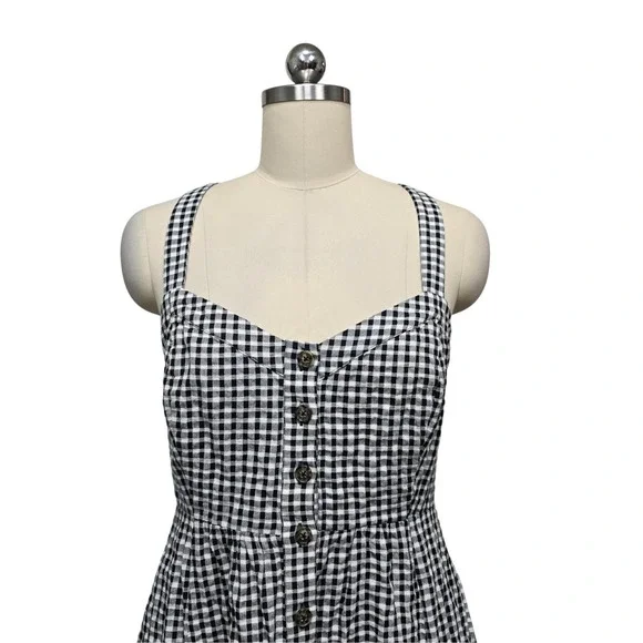 Madewell Gingham Button Front Smocked Midi‎ Dress Black White Size 6 - Picture 9 of 9